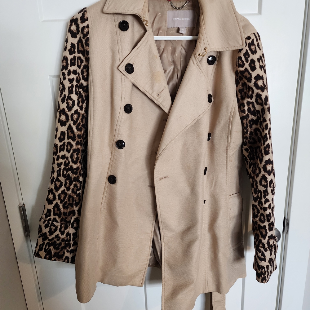 Banana Republic Beige Trench Coat with Animal Print Sleeves